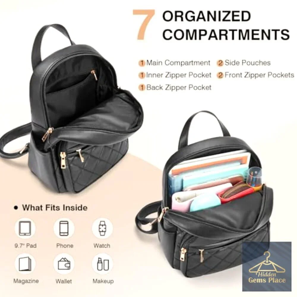 Mini Vegan Leather Backpack with Quilted Design, Adjustable Strap, Multiple